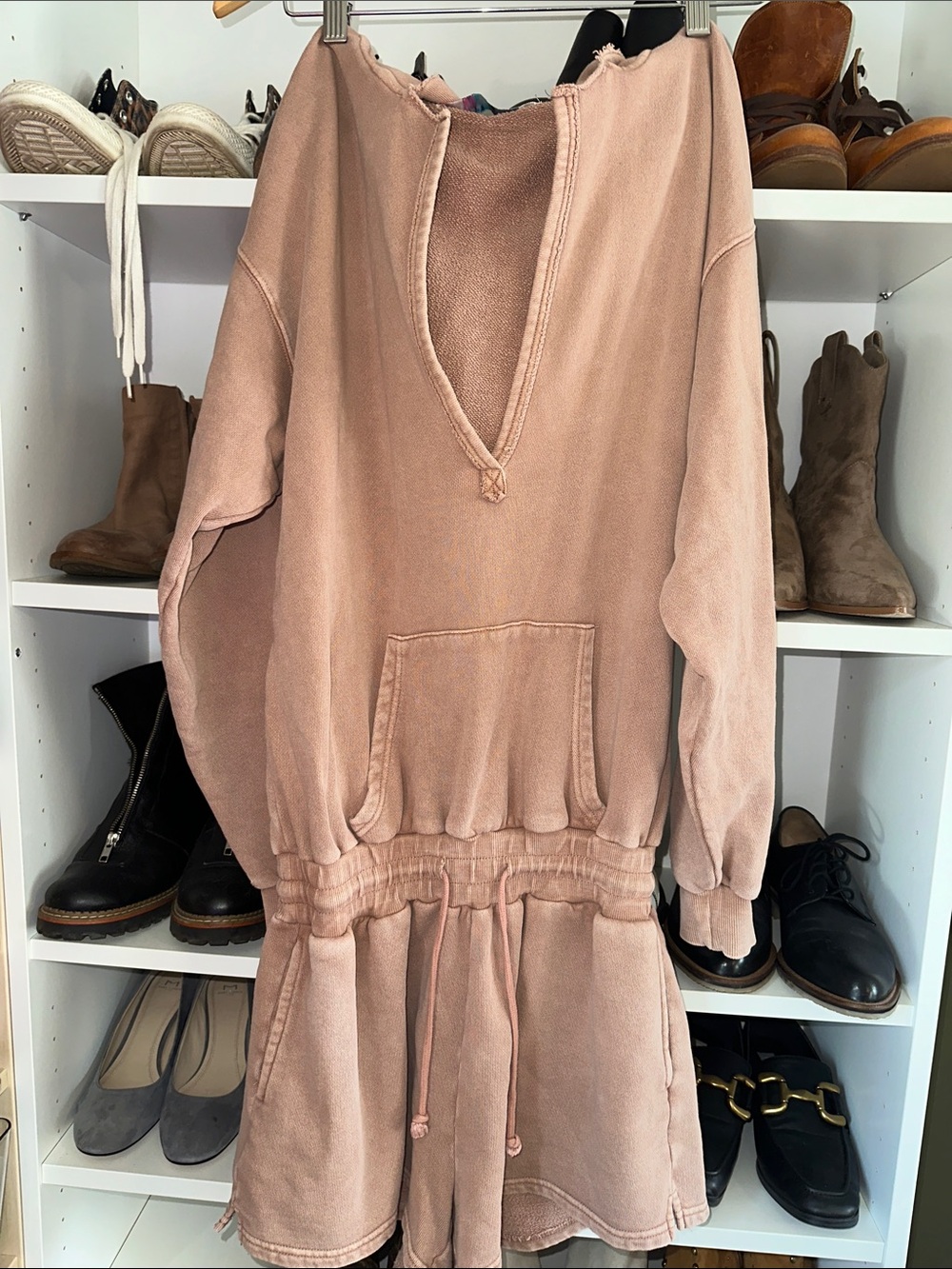 Free People Hooded Rose Taupe Shorts Romper with elastic waist - Picture 2 of 9